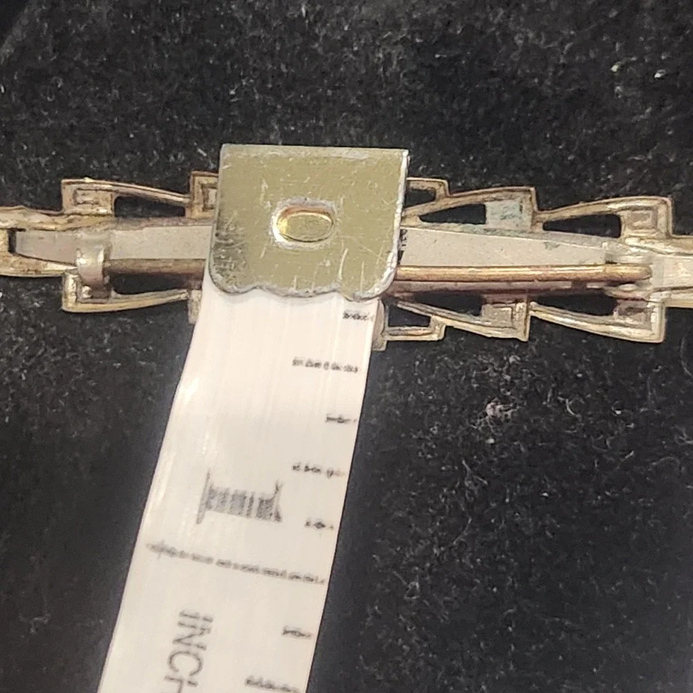 Art Deco Bar Brooch Mother‎ of Pearl Rhinestone Gold Bronze Tone Geometric VTG